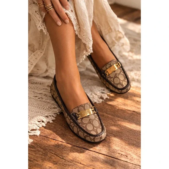 COACH Signature Jacquard Driving Loafers Brown Monogram Gold Hardware Size 8 - Picture 9 of 9